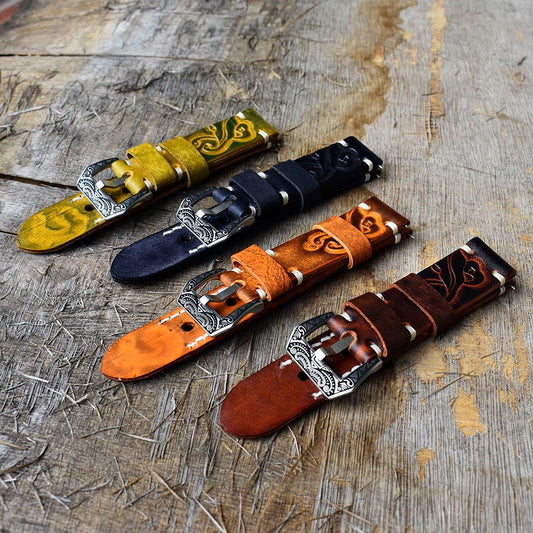 Vintage Handmade Genuine Leather Strap with Engraved Steel Buckle – 18mm / 20mm