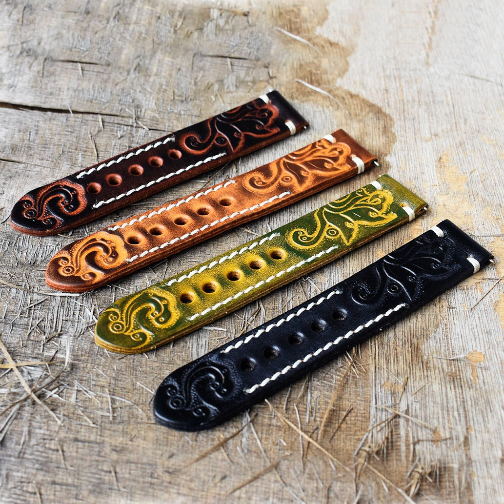 Vintage Handmade Genuine Leather Strap with Engraved Steel Buckle – 18mm / 20mm