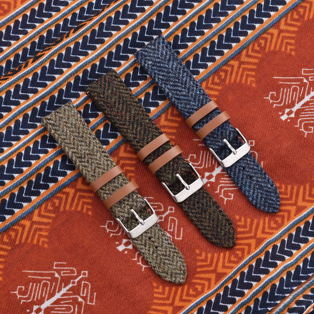 Hybrid Canvas & Top Grain Leather Watch Strap – Herringbone Tweed, Quick Release (18mm / 20mm / 22mm)