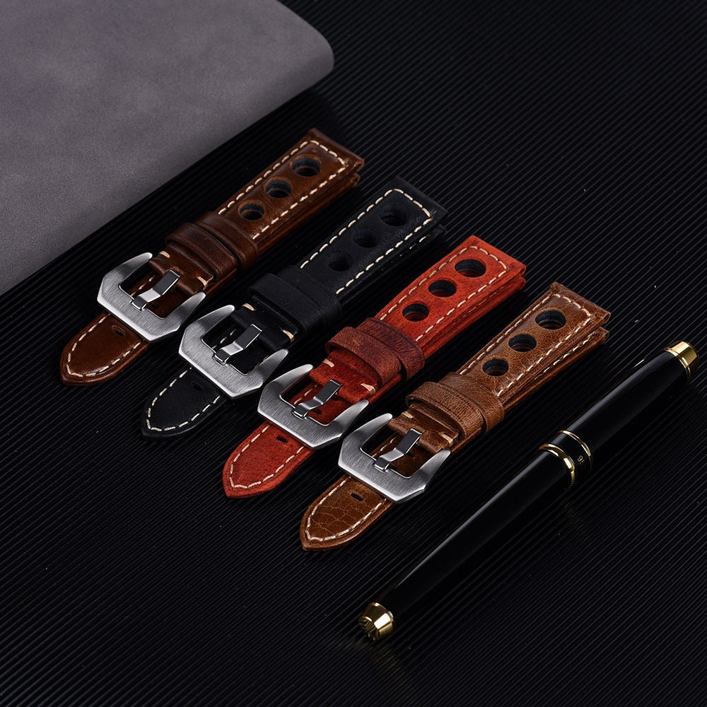 Handcrafted Racing Genuine Leather Watch Strap – Perforated Rally Band with Quick Release