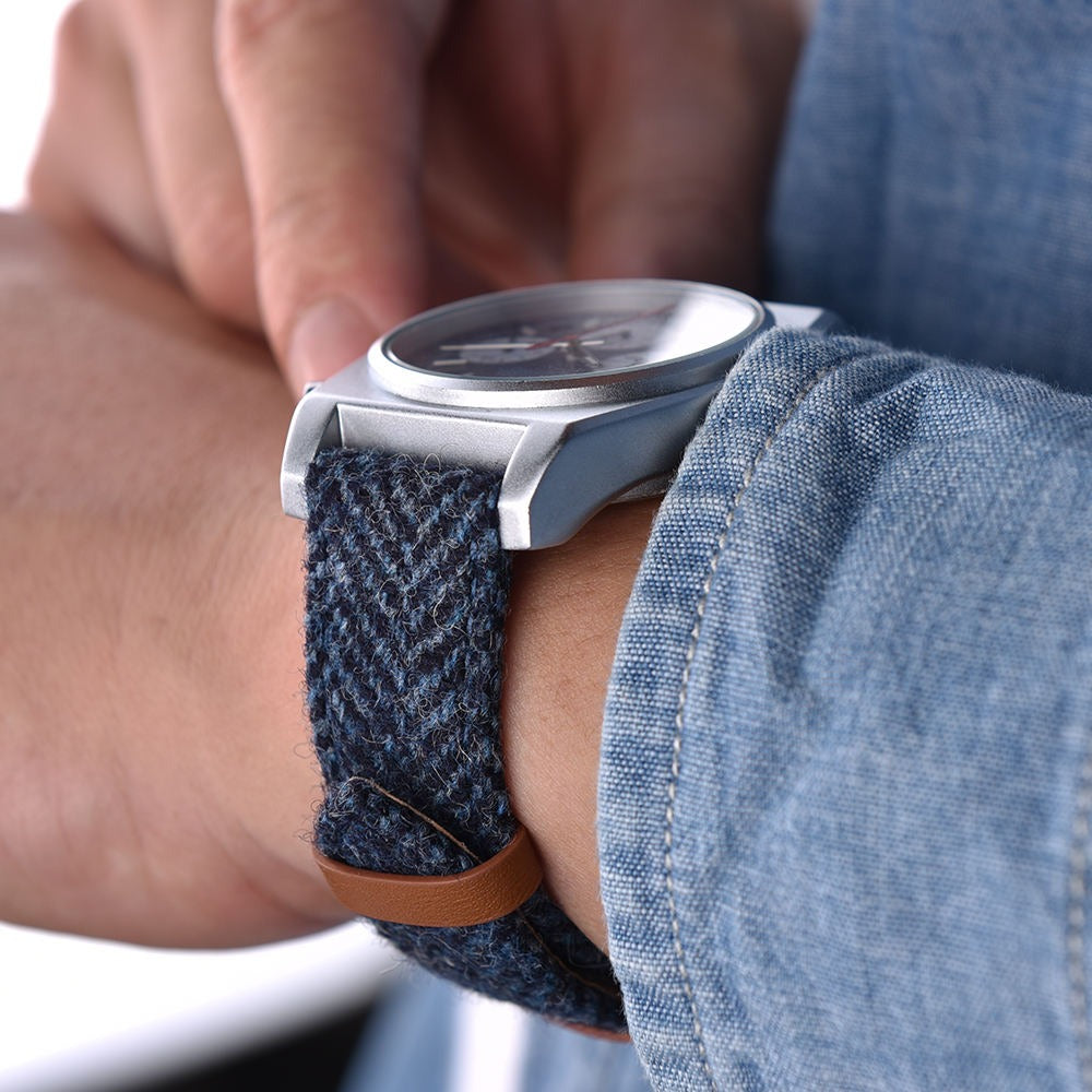 Hybrid Canvas & Top Grain Leather Watch Strap – Herringbone Tweed, Quick Release (18mm / 20mm / 22mm)