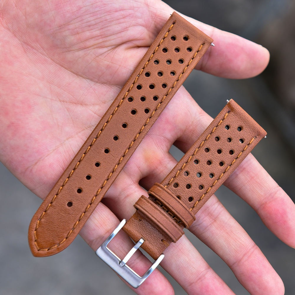 Rally Genuine Calf Leather Watch Strap – Vintage Perforated Racing Band with Quick Release (18mm / 20mm / 22mm)