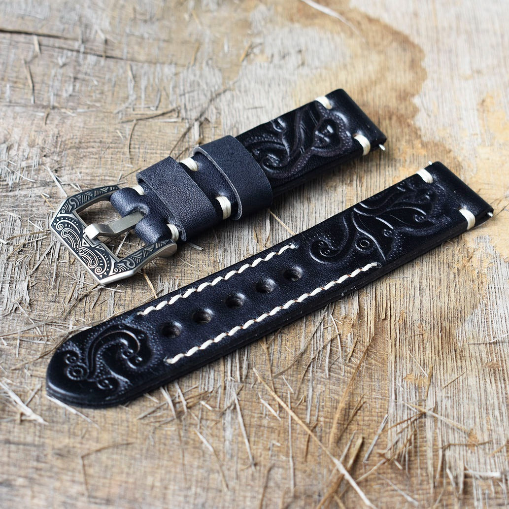 Vintage Luxury Handmade Genuine Leather Watch Strap with Engraved Steel Buckle – 18mm / 20mm
