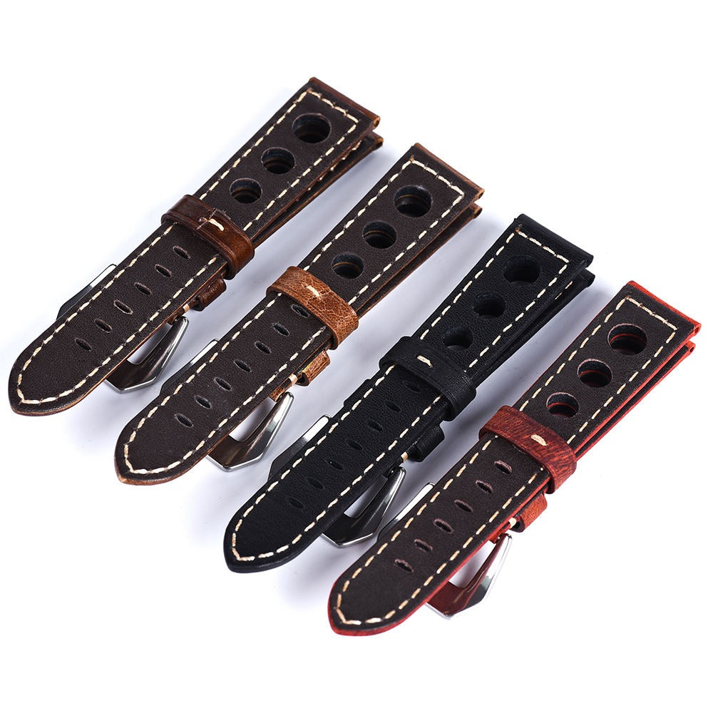Handcrafted Racing Genuine Leather Watch Strap – Perforated Rally Band with Quick Release