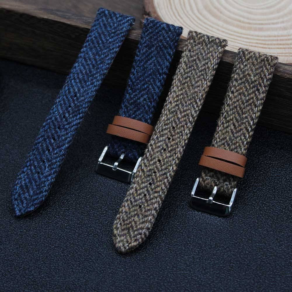 Hybrid Canvas & Top Grain Leather Watch Strap – Herringbone Tweed, Quick Release (18mm / 20mm / 22mm)