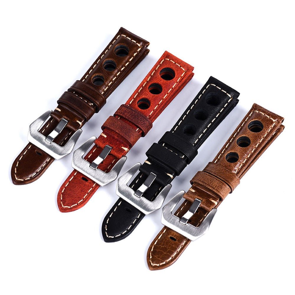 Handcrafted Racing Genuine Leather Watch Strap – Perforated Rally Band with Quick Release