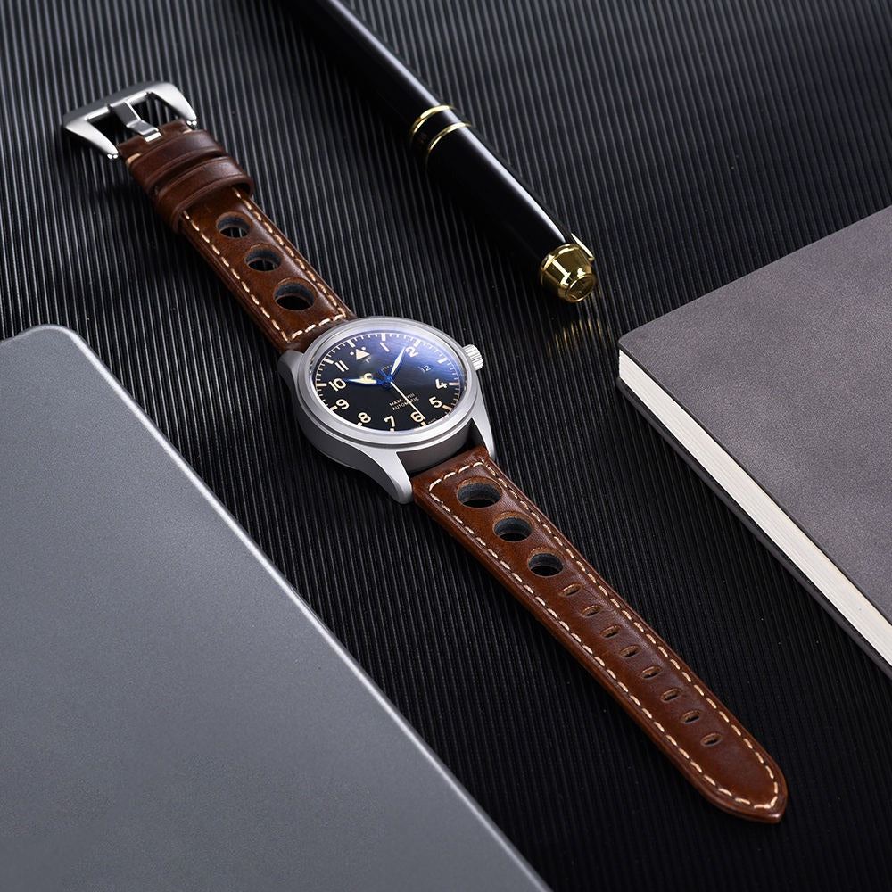 Handcrafted Racing Genuine Leather Watch Strap – Perforated Rally Band with Quick Release