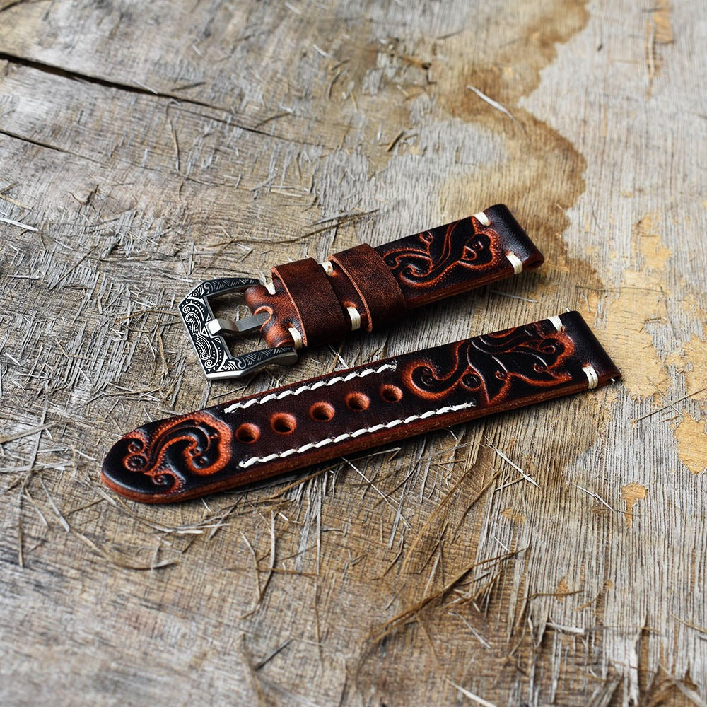 Vintage Luxury Handmade Genuine Leather Watch Strap with Engraved Steel Buckle – 18mm / 20mm