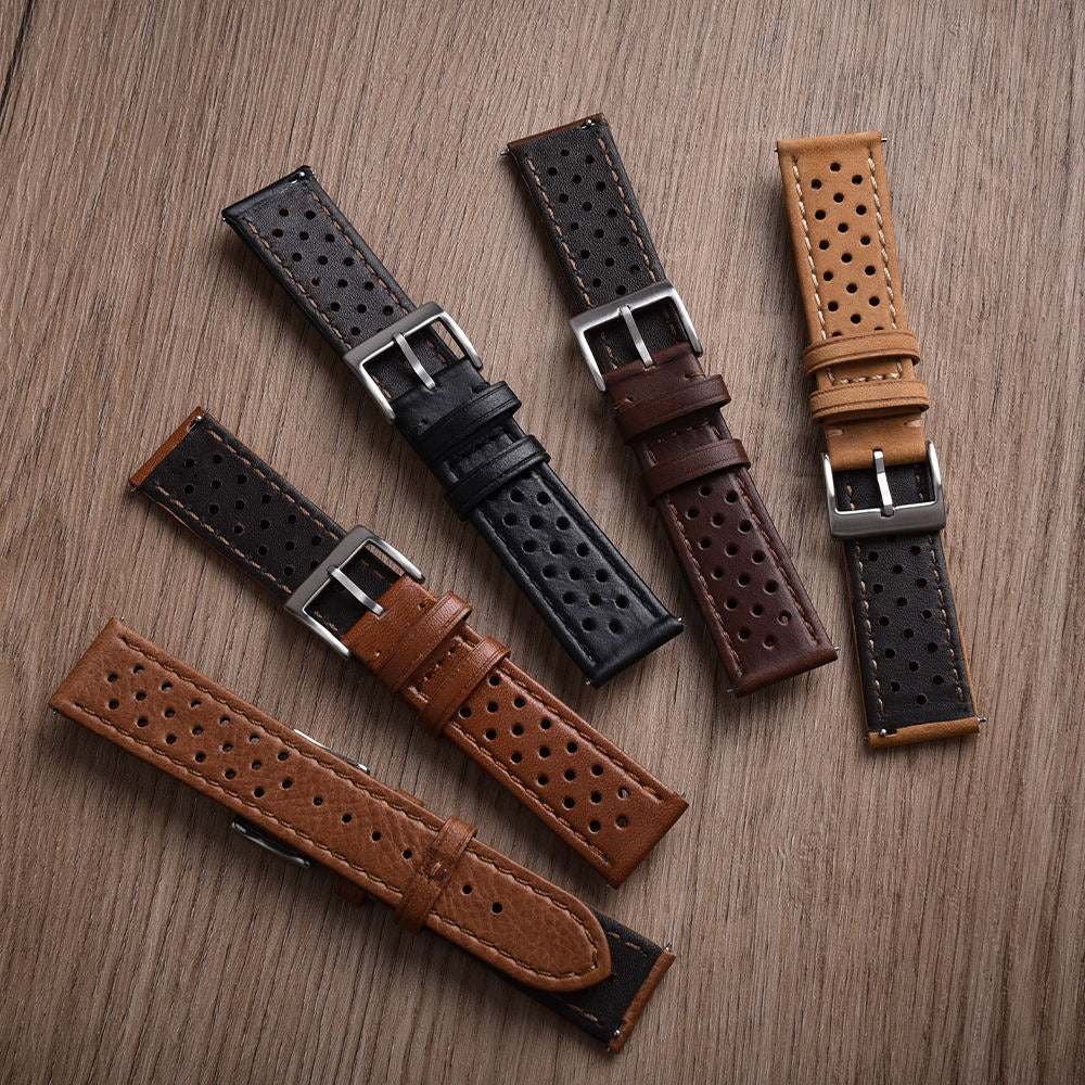 Rally Genuine Calf Leather Watch Strap – Vintage Perforated Racing Band with Quick Release (18mm / 20mm / 22mm)